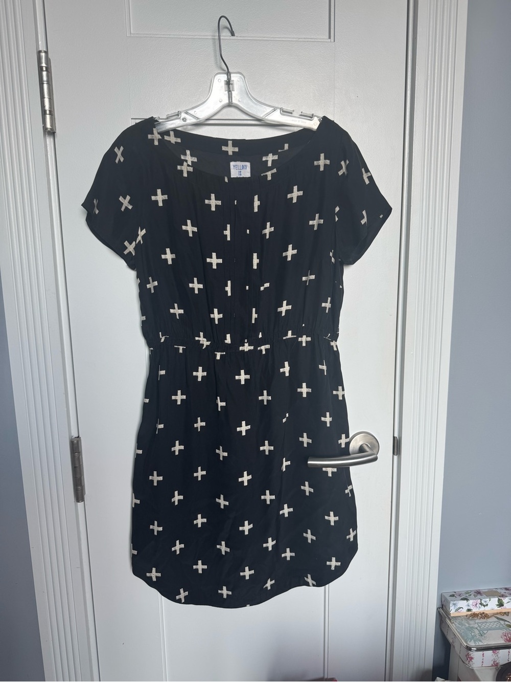 Anthropologie Sunshine & Shadow Black Silk Dress with Cream Cross Motif